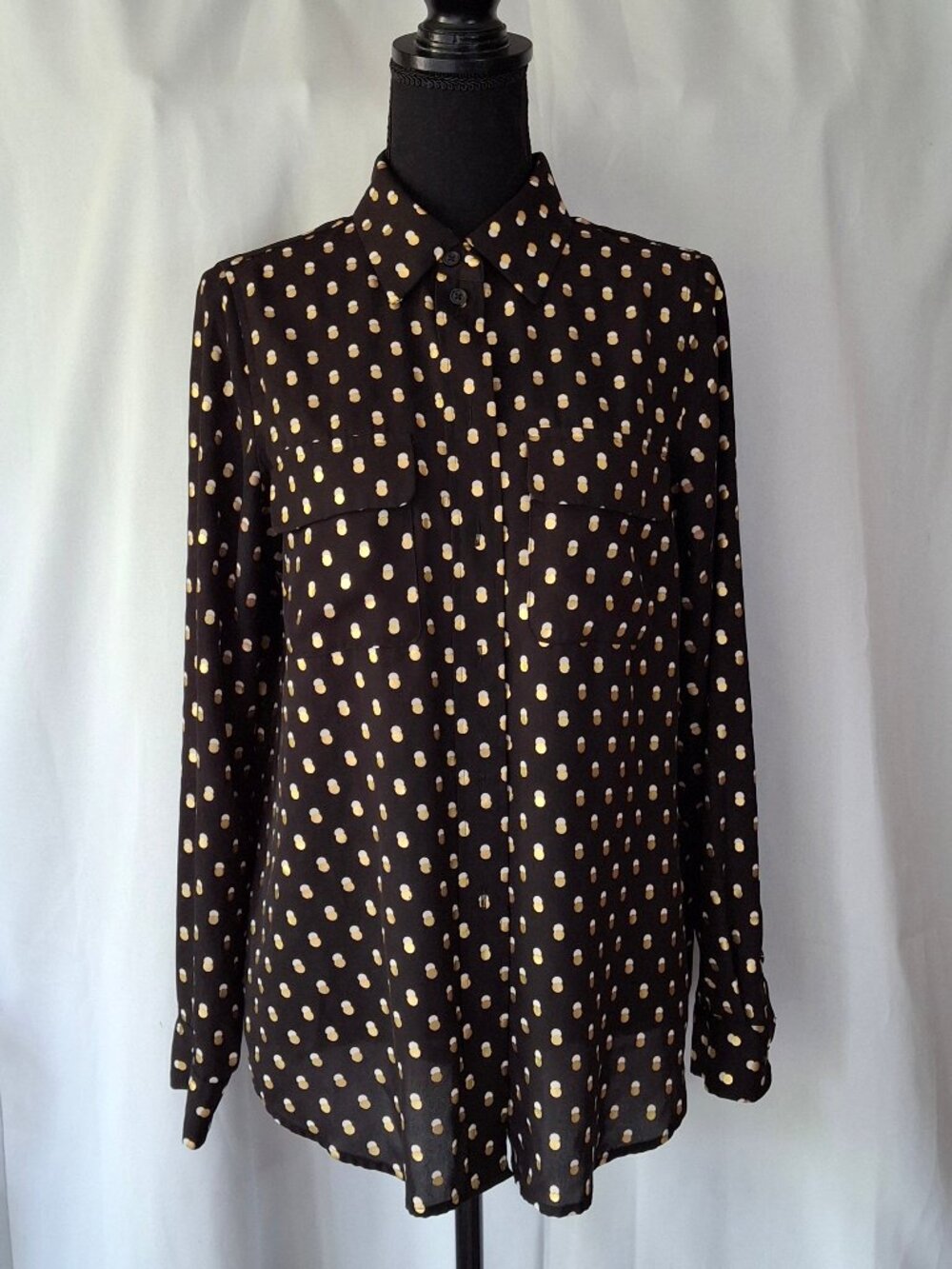 Who What Wear Gold Polka Dot Black Long Sleeve Button Up Sz M